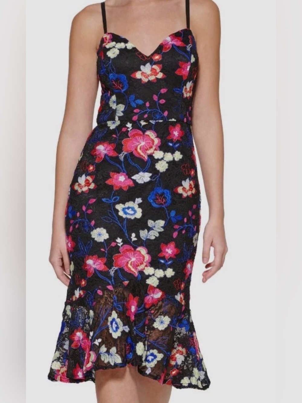 GUESS BLACK CROCHET LACE PINK BLUE FLORAL EMBROIDERY SLEEVELESS DRESS SZ 0 NWT